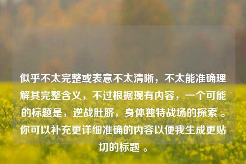 似乎不太完整或表意不太清晰,不太能准确理解其完整含义,不过根据现有内容,一个可能的标题是,逆战肚脐,身体独特战场的探索 。你可以补充更详细准确的内容以便我生成更贴切的标题 。